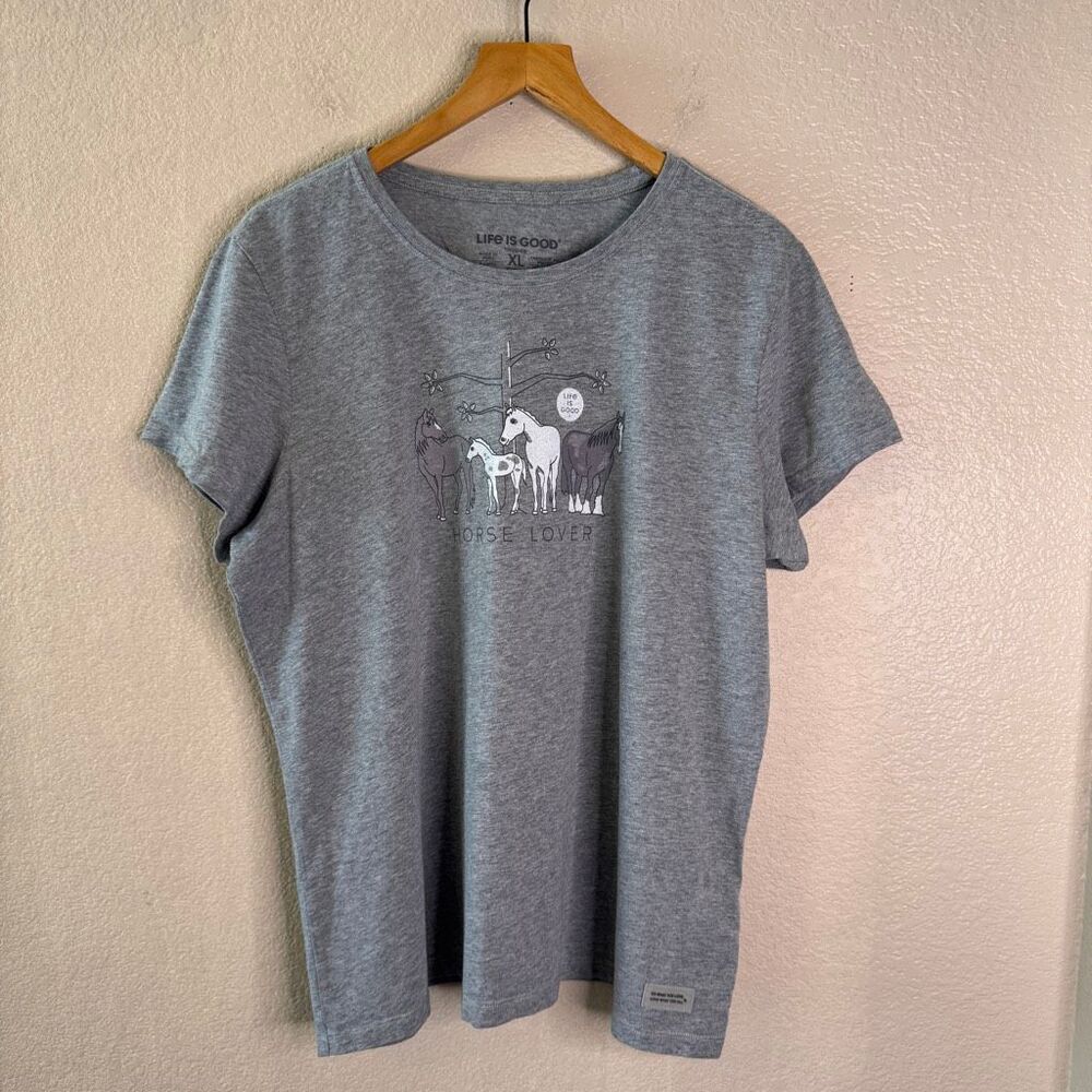 Life Is Good Womens Crusher T Shirt Horse Lover Graphic Grey Size X-Large
